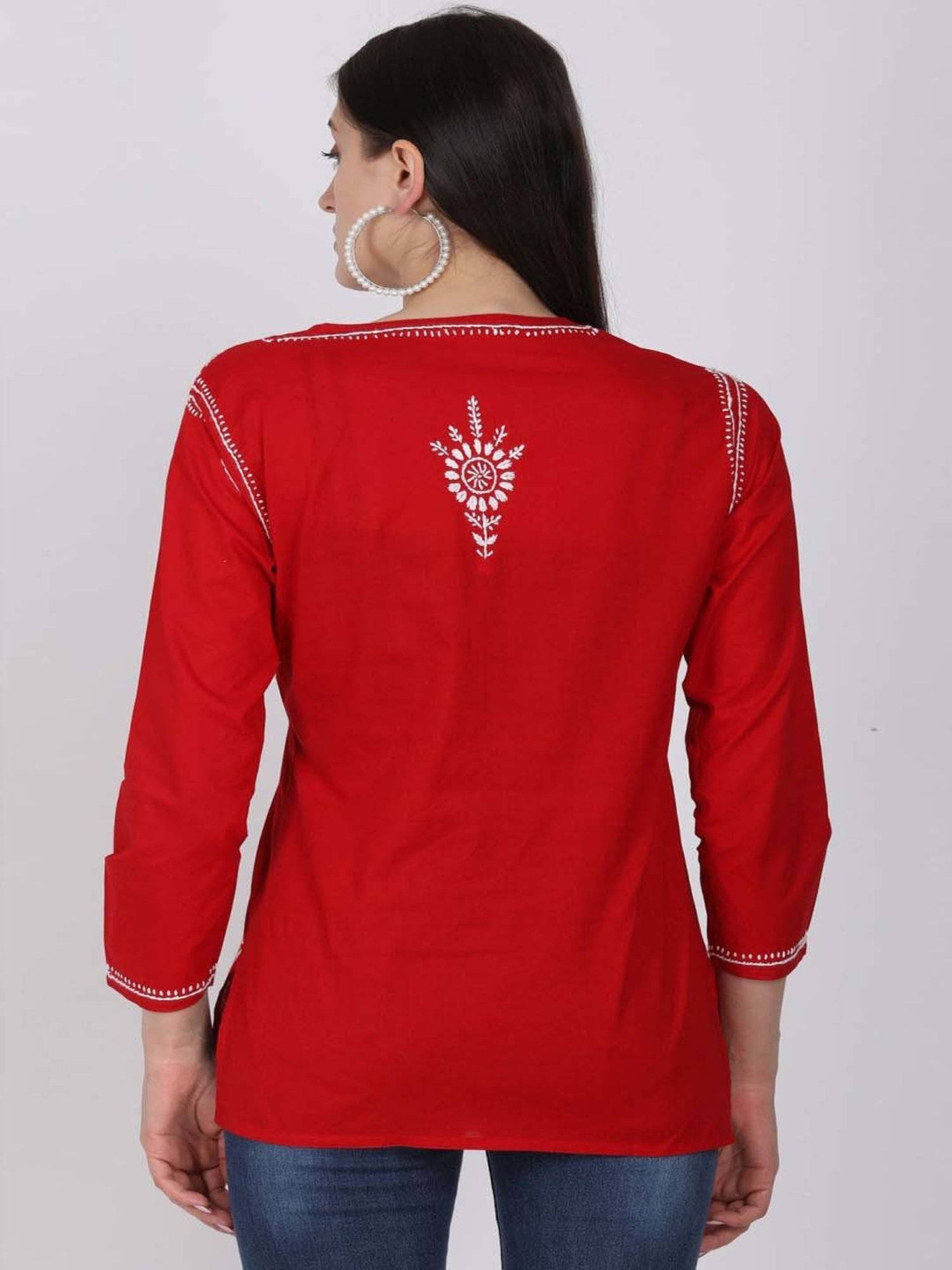 PARAMOUNT CHIKAN Red Cotton Chikankari Straight Kurti