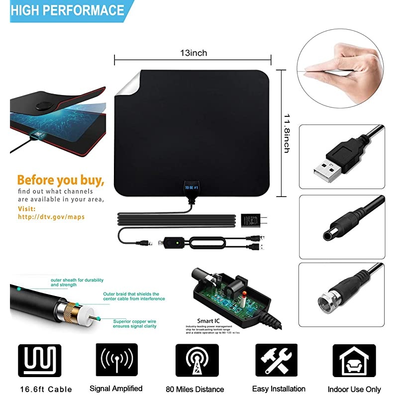 2020 Amplified HD Digital TV Antenna Long 200 Miles Range Powerful HDTV Amplifier Signal Booster165ft Coax Cable AC Adapter
