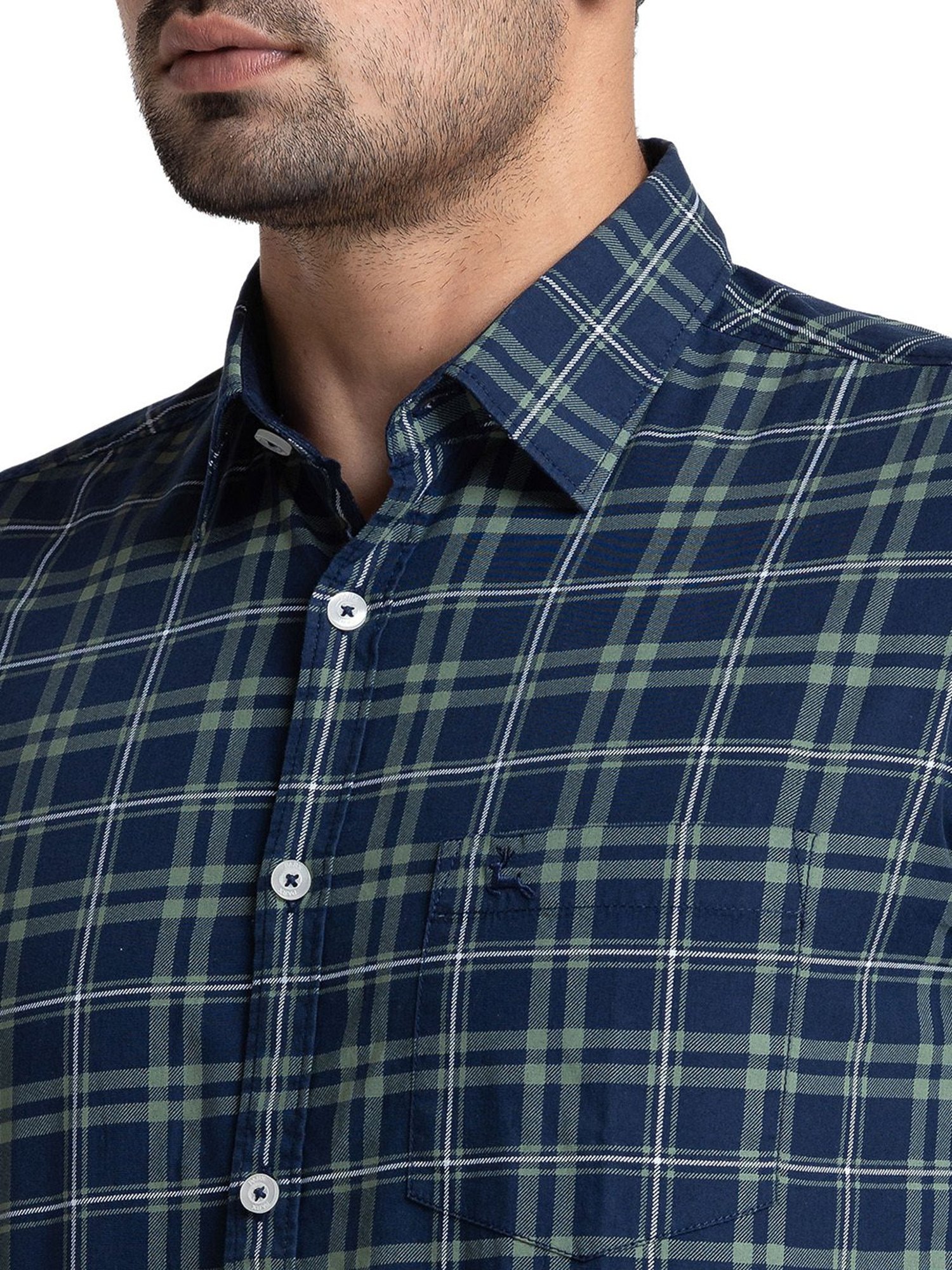 Parx Green & Navy Slim Fit Check Shirt