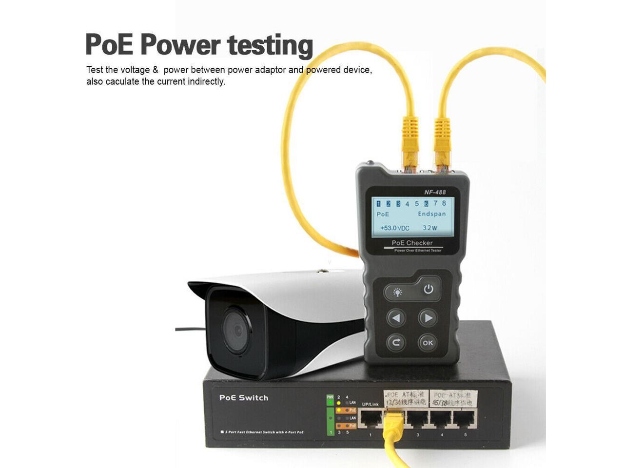 Noyafa NF-488 Inline Current Tester and PoE Voltage with Cable Tester Test  voltage Test standard / non-standard PoE equipment, voltage, polarity, mid-span or end-span.