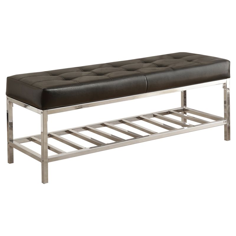 Bench - 48"L - Black Leather Look, Chrome Metal - EveryRoom