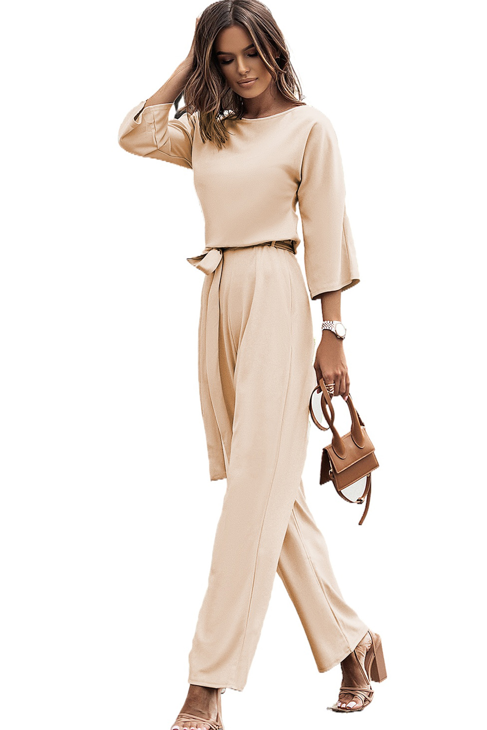 Rose Tan Solid Self Tied Straps Pleated Wide Leg Jumpsuit