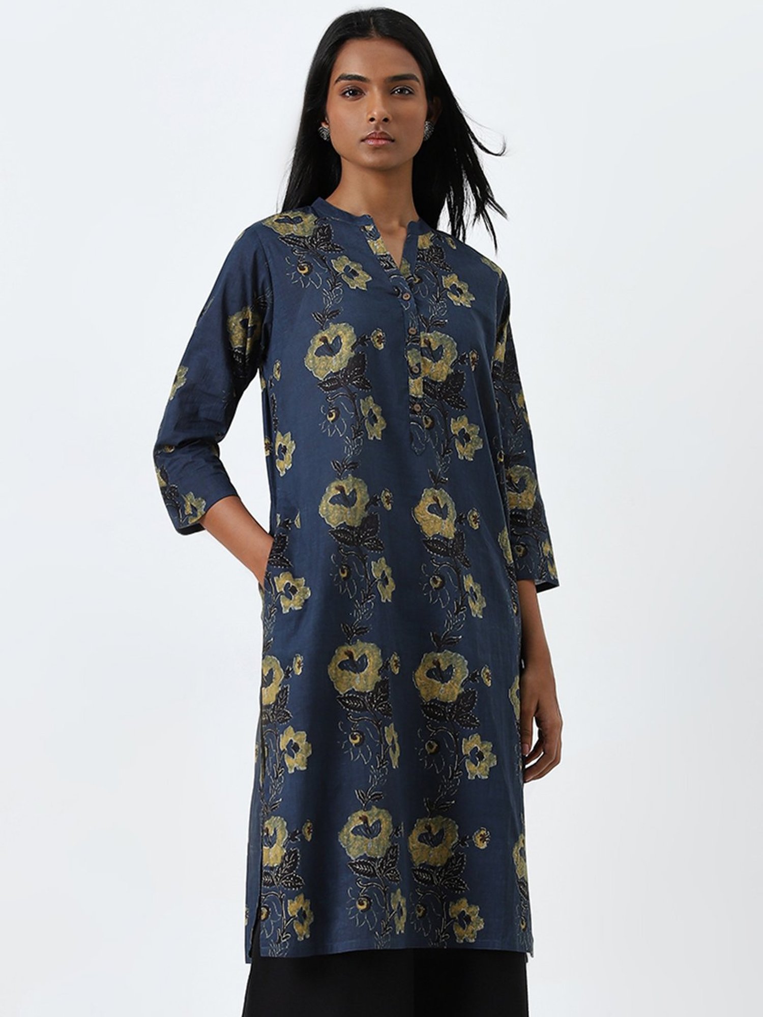 Utsa by Westside Indigo Floral Printed Straight Cotton Kurta