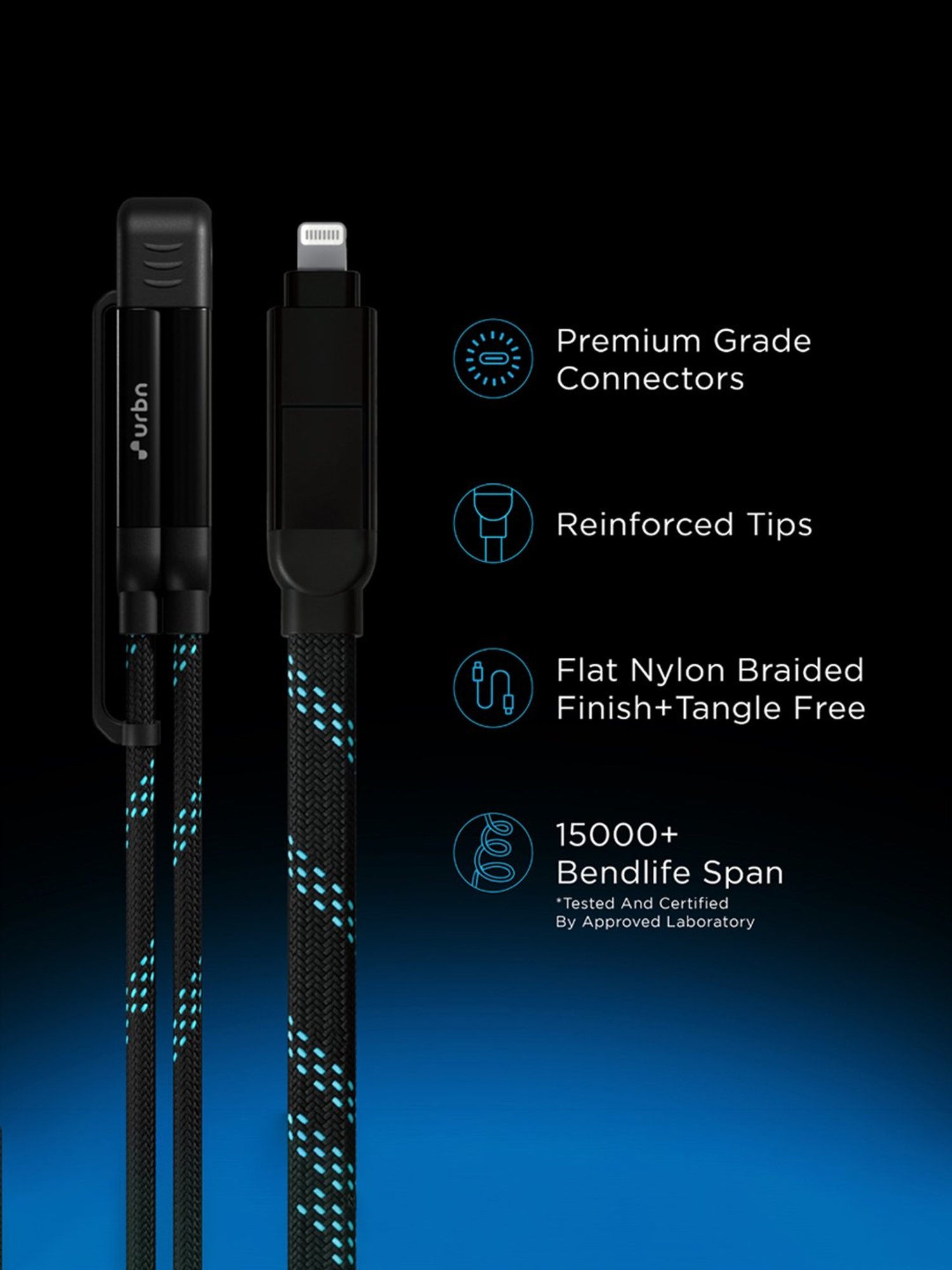 URBN 4 in 1 Quad Cable, Apple MFi Certified Type C to Lightning, USB to LTG, Type C to C (Black)