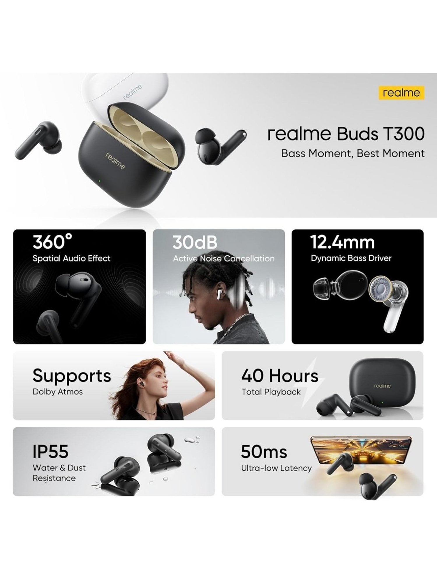 realme Buds T300 in-Ear BT Earbuds with 30dB ANC & Upto 40H Battery (Youth White, Truly Wireless)