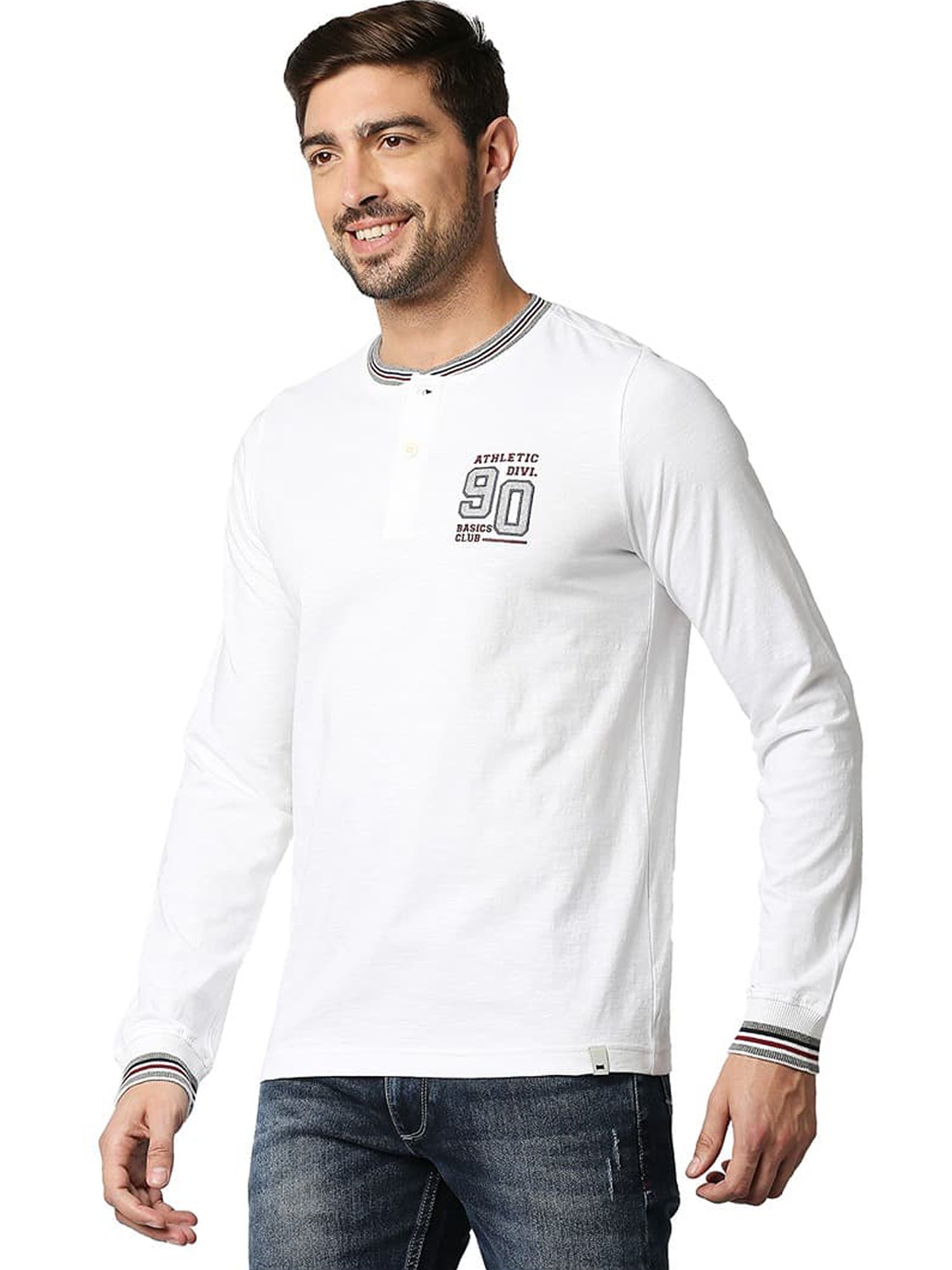 Basics Bright White Cotton Muscle Fit Henley T-Shirt