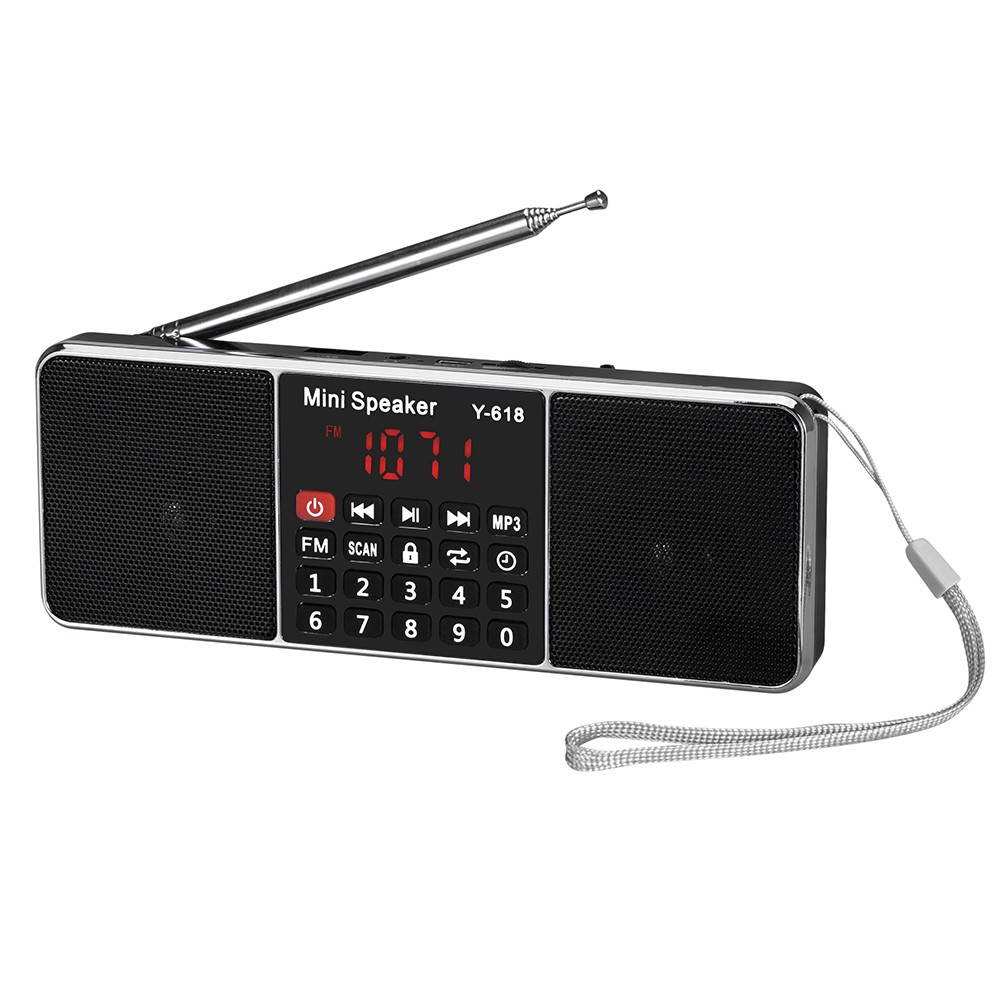 Y-618 Mini FM Radio Digital Portable Dual 3W Stereo Speaker MP3 Audio Player High Fidelity Sound Quality w/ 2 Inch Display Screen Support USB Drive TF Card AUX-IN Earphone-out