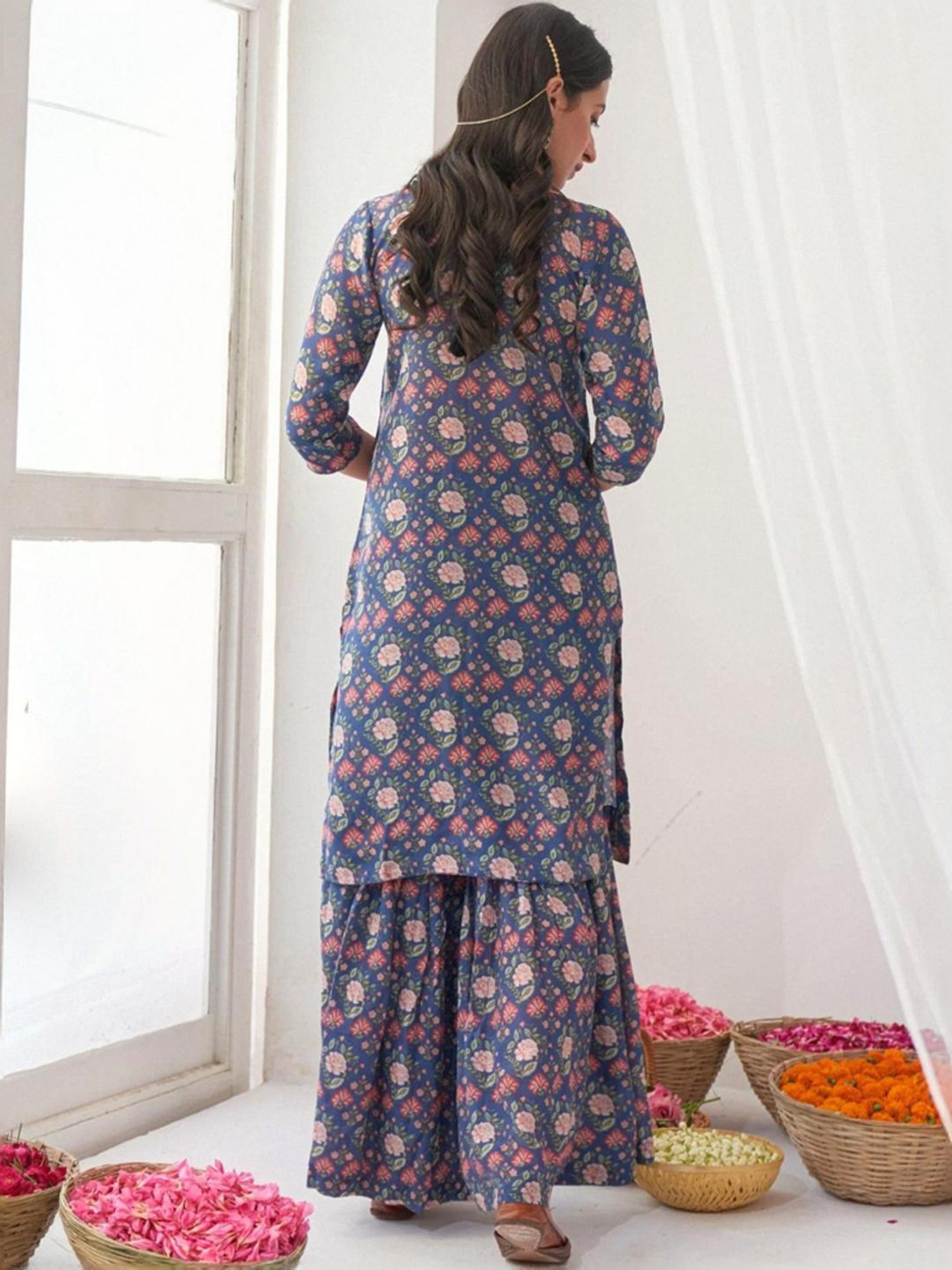 Odette Blue Floral Print Kurta Sharara Set With Dupatta