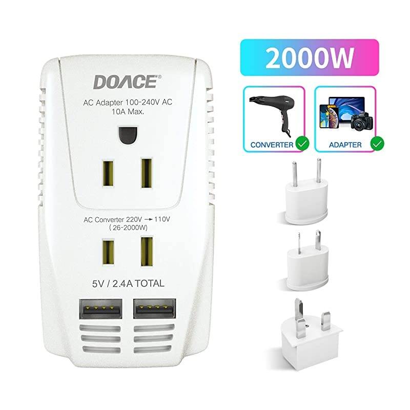 Upgraded  C11 2000W Travel Voltage Converter for Hair Dryer Straightener Curling Iron, Step Down 220V to 110V, 10A Power Adapter with 2 USB and EU/UK/AU/US Plugs for Laptop Camera Cell Phone