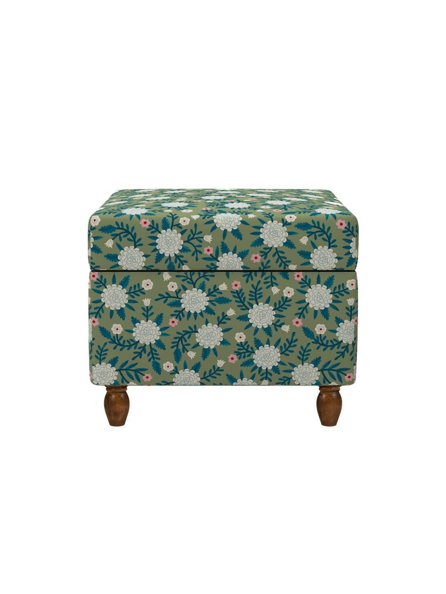 Chumbak Spring Marigold Floral Green Mango Wood Modern Trunk Storage Ottoman