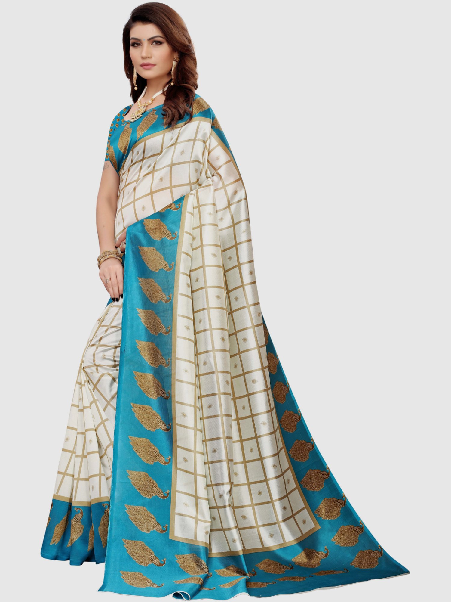 KSUT Off-White & Blue Printed Saree With Blouse