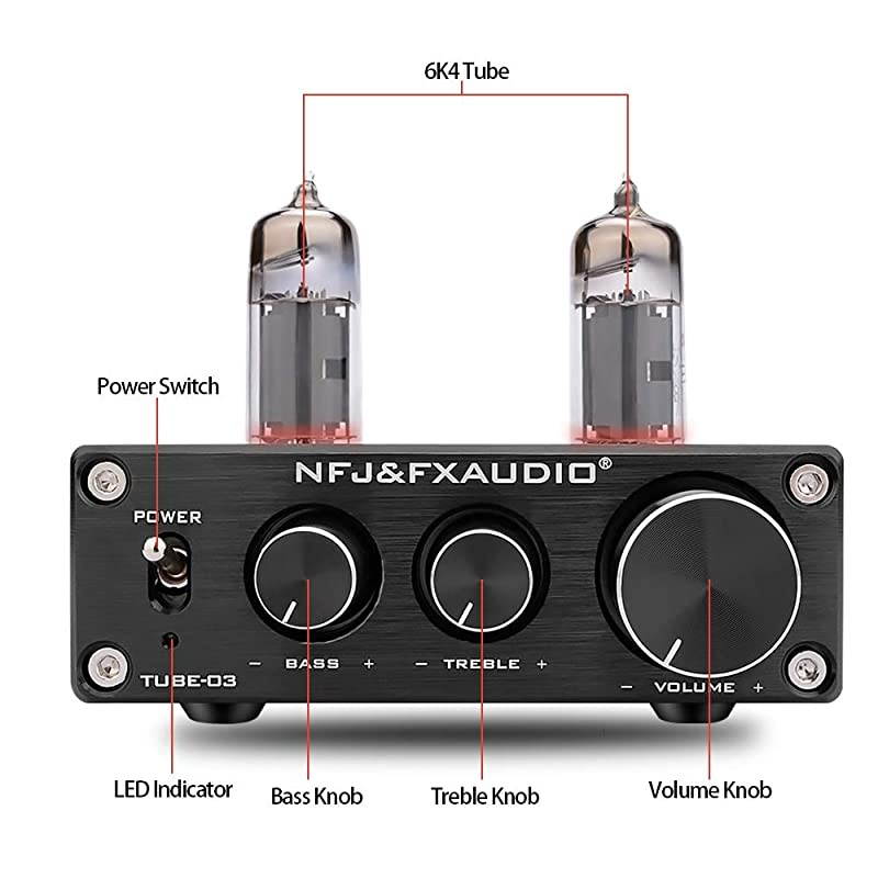 Vacuum Tube PreampMini Electronic HiFi Stereo 6K4 Tube Preamplifier with Bass Treble Control for Home Audio Player DC 12V Black