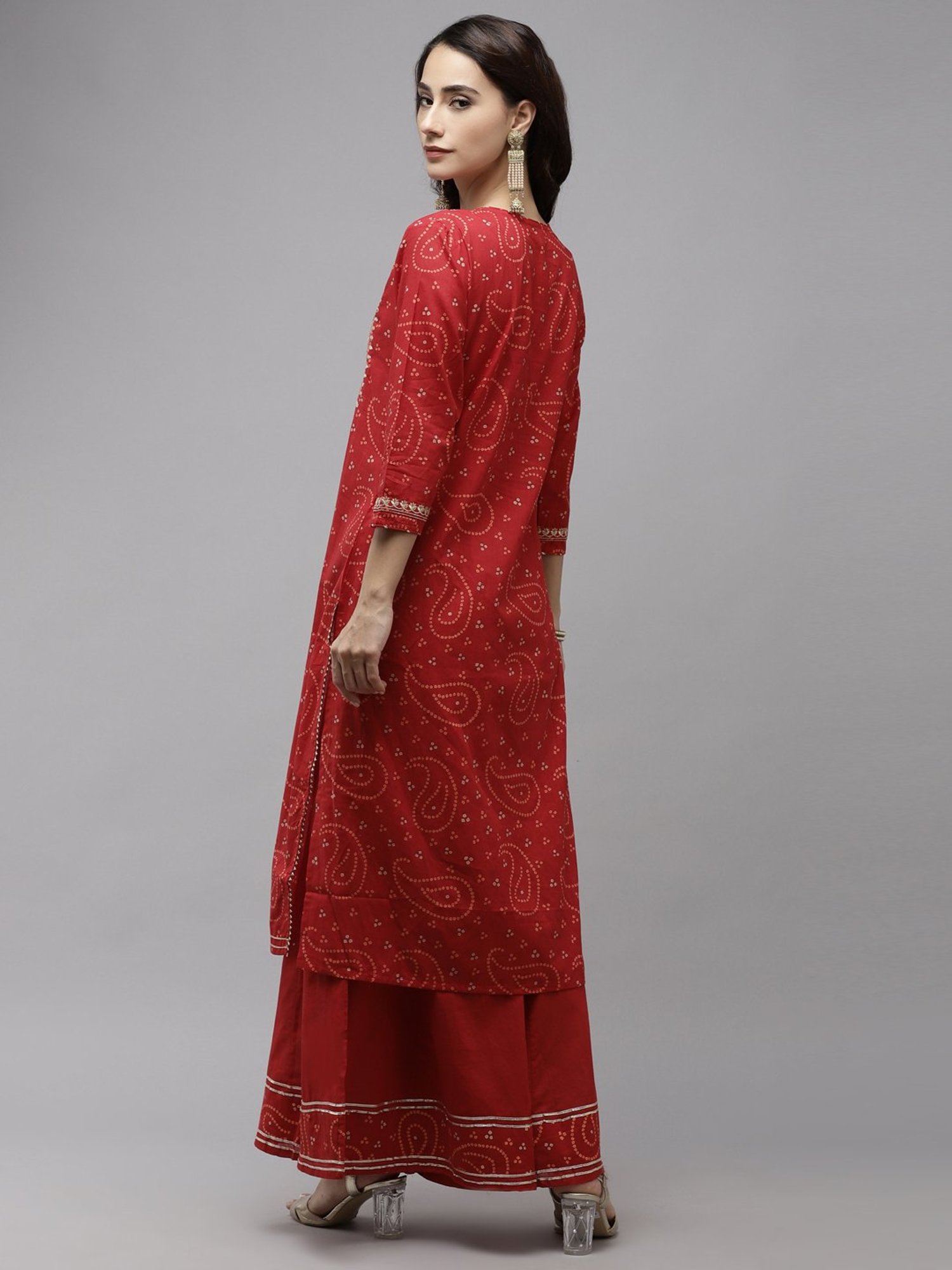 Ishin Red Pure Cotton Embroidered Kurta Sharara Set