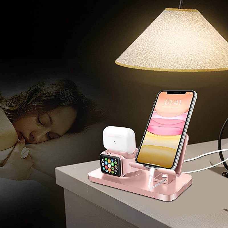 3 in 1 Charging Stand for Apple Watch Series 54321 Airpods Pro 2019 21 Compatible with iPhone 12 11 XS MAX XR XS 8 7 6 6S Plus 5S iPad Tablet StandOriginal Cable Required Rose Gold