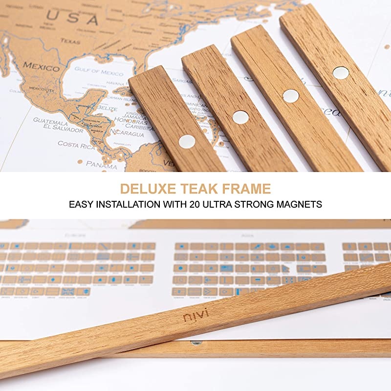 NIVI Scratch Off World Map XLarge International Travel Poster with Frame | 33 x 23 Inches | Country Flags Continents Major Cities USA States Provinces | Vibrant Colors | Compact Tube