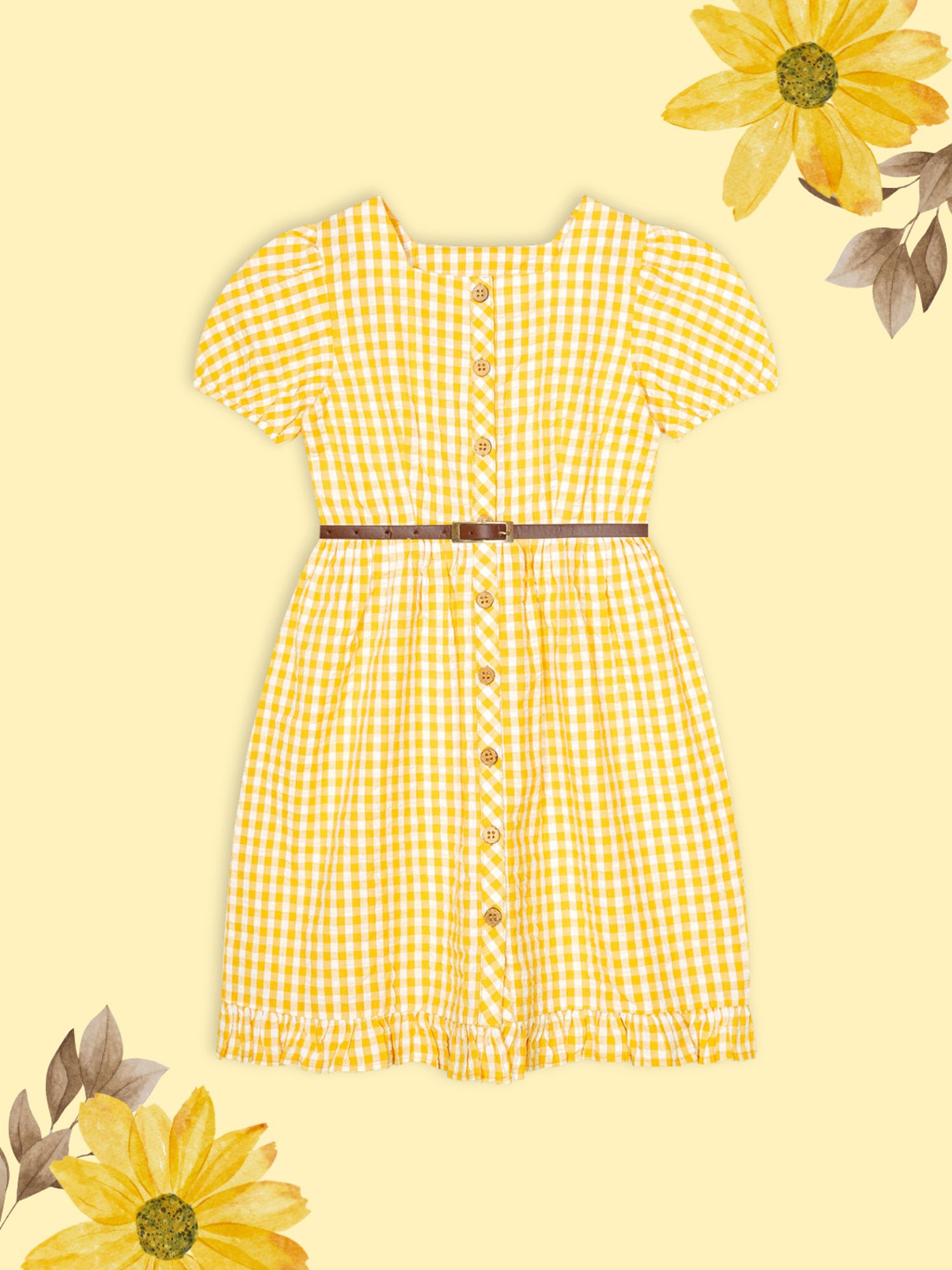 Budding Bees Kids Mustard Checks Shirt Dress