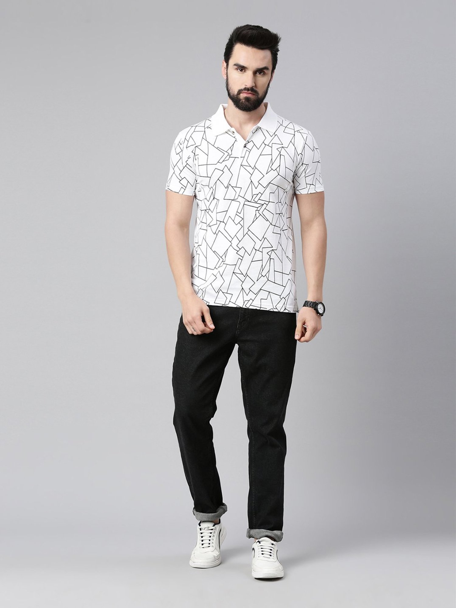 Kryptic White Regular Fit Printed Cotton Polo T-Shirt