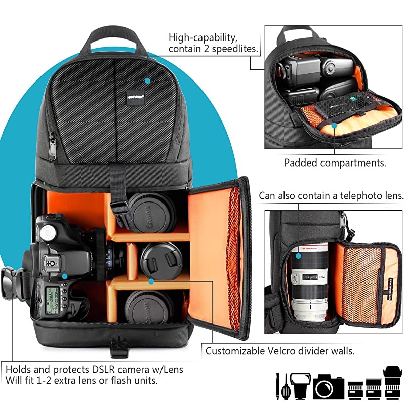 Professional Camera Case Sling Backpack for Nikon Canon Sony and Other DSLR Cameras and Lens,Tripod,Other Accessories,Durable Waterproof and Tear Proof Bag with Padded Dividers(Orange Interior)