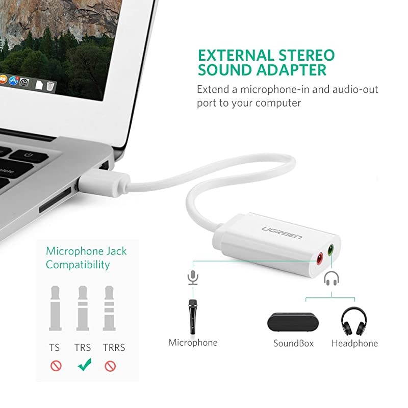 USB Audio Adapter External Stereo Sound Card with 35mm Headphone and Microphone Jack for Windows Mac Linux PC Laptops Desktops PS5 White