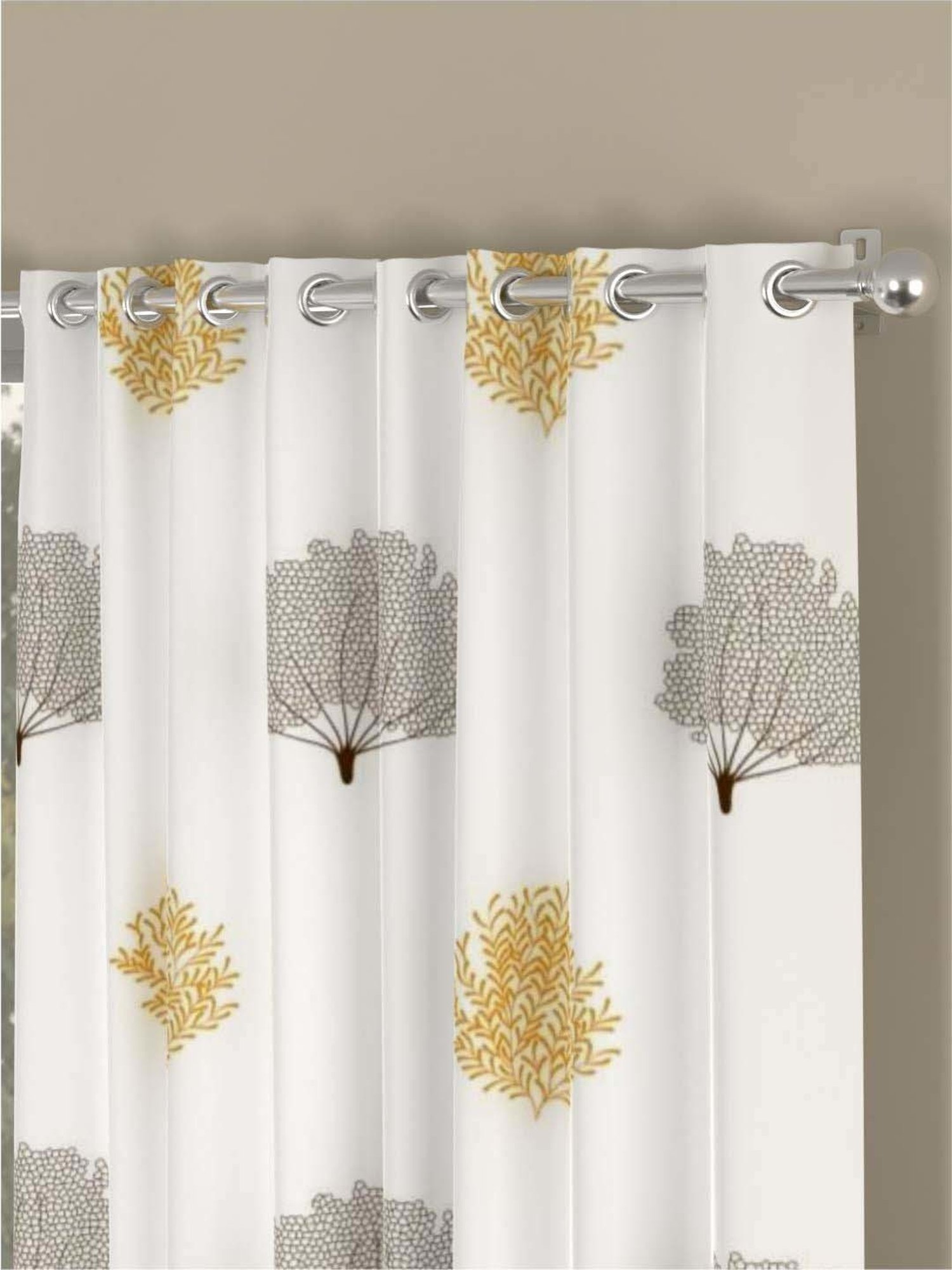 Urban Space White & Golden Cotton 7 Ft. Door Curtain With Stianless Steel Rings - Set of 2