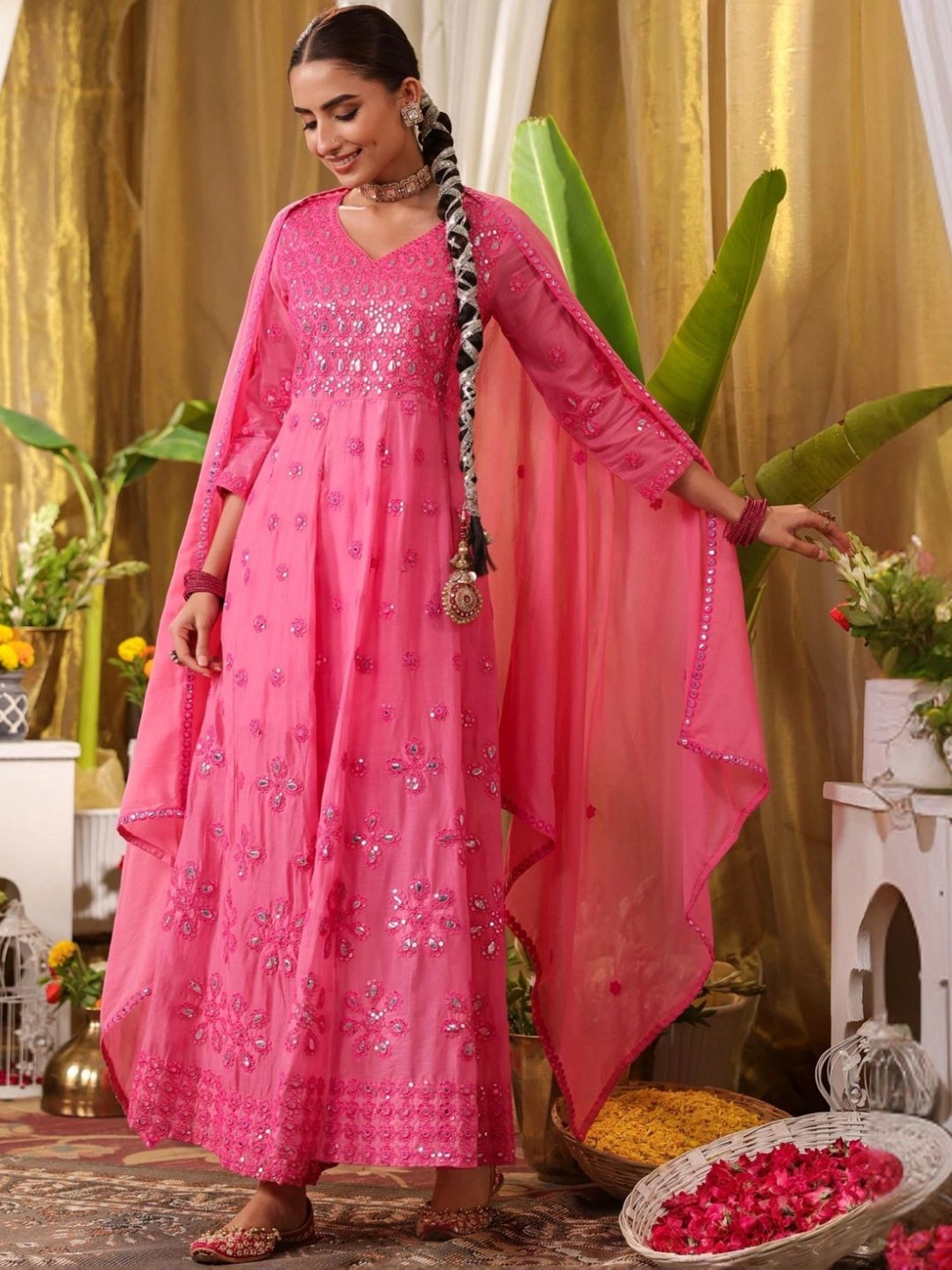SCAKHI Coral Mulmul Mirror & Sequin Embroidered Anarkali and Pant With Dupatta