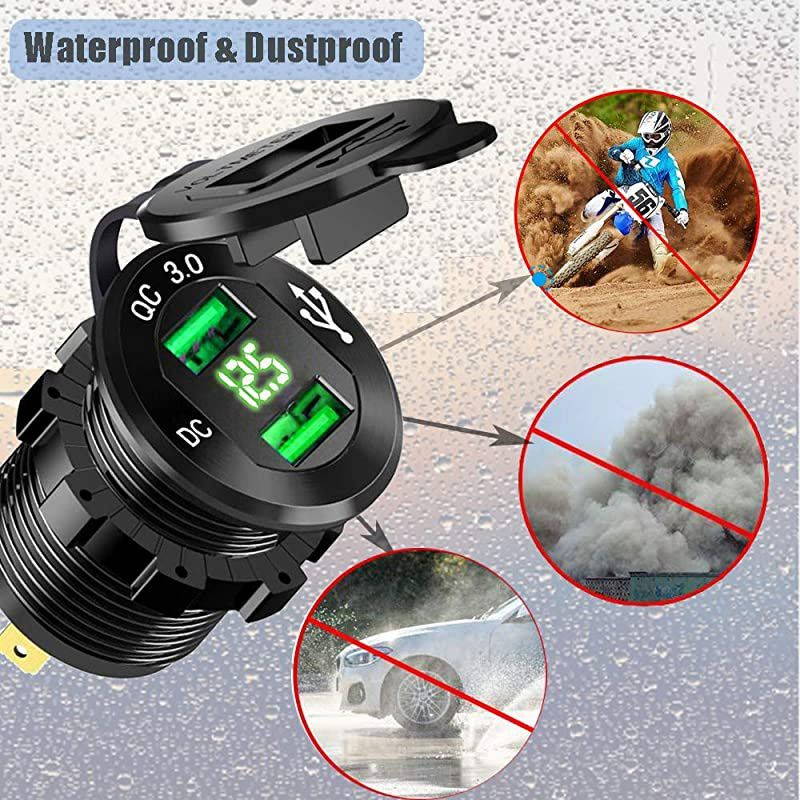Charge 30 Dual USB Car Charger Socket 12V24V 36W QC30 Dual USB Fast Charger Aluminum Socket Power Outlet with LED Voltmeter for Marine Boat Motorcycle Truck Golf Cart