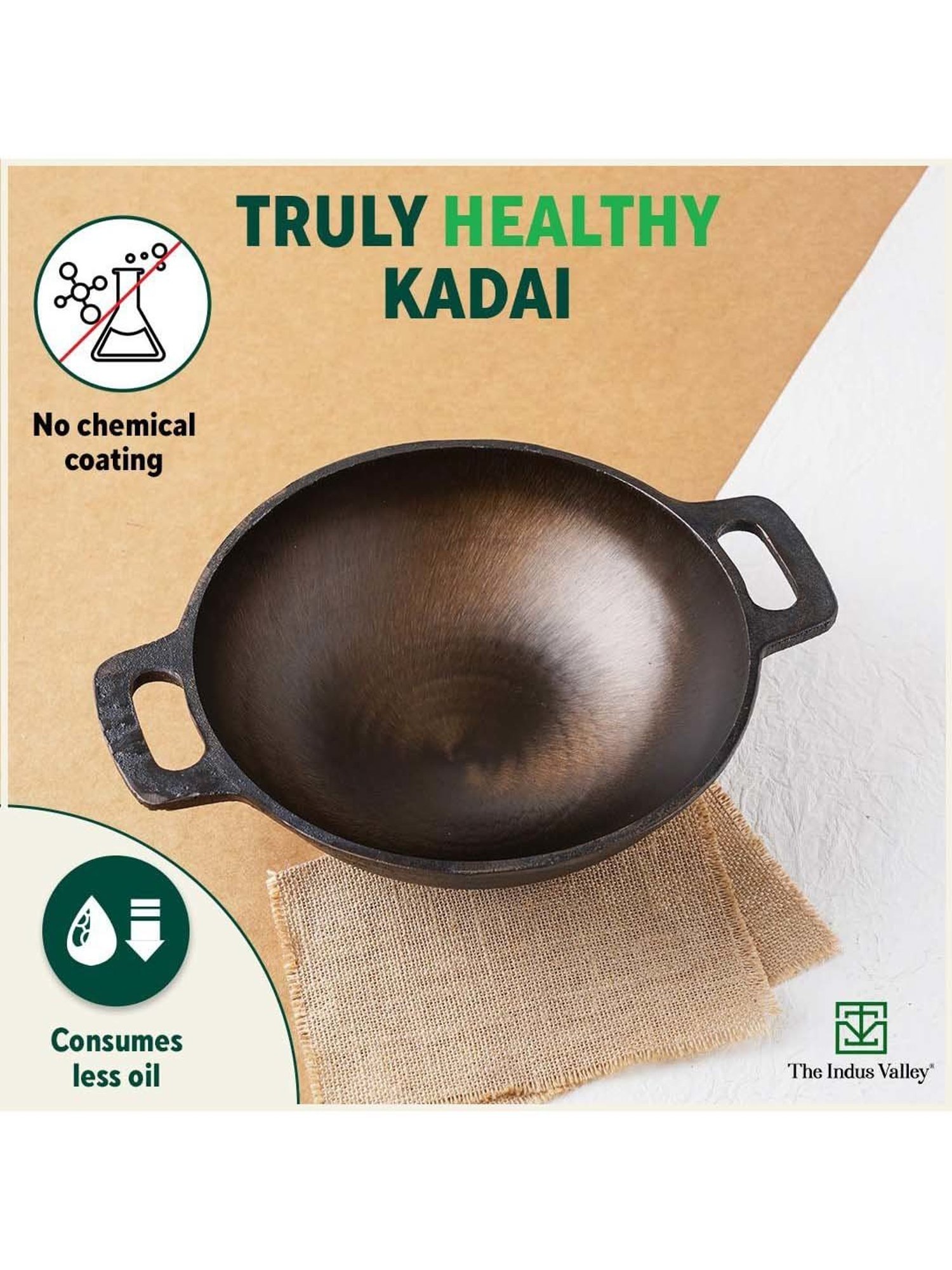 The Indus Valley Black Cast Iron Deep Frying Kadhai (1.3 L)