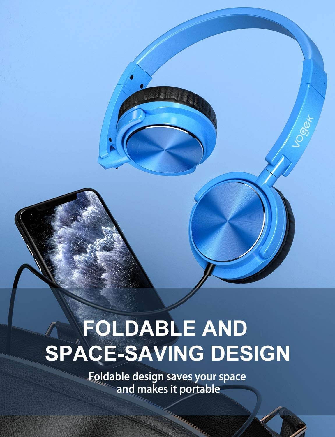 Vogek Foldable Headphones with Microphone Portable Wired Headset with Deep Bass Safe Volume Limited 94dB Adjustable Headband and Noise Isolation for Kids Students Teens (Blue)