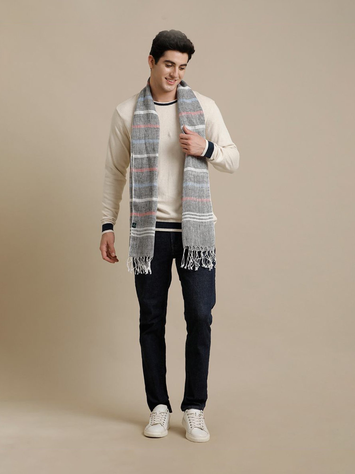 Linen Club Grey Striped Pure Linen Stole