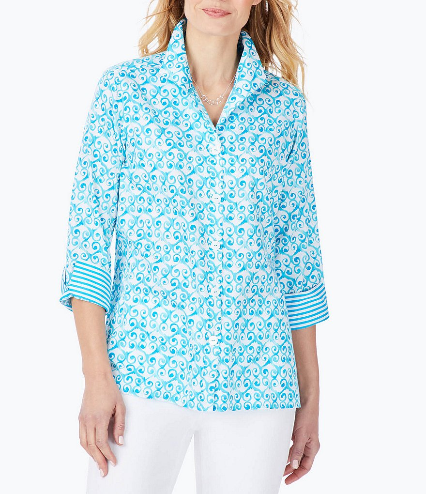 Foxcroft Watercolor Trellis Roll Tab Sleeve Wing Collar Button Front Shirt