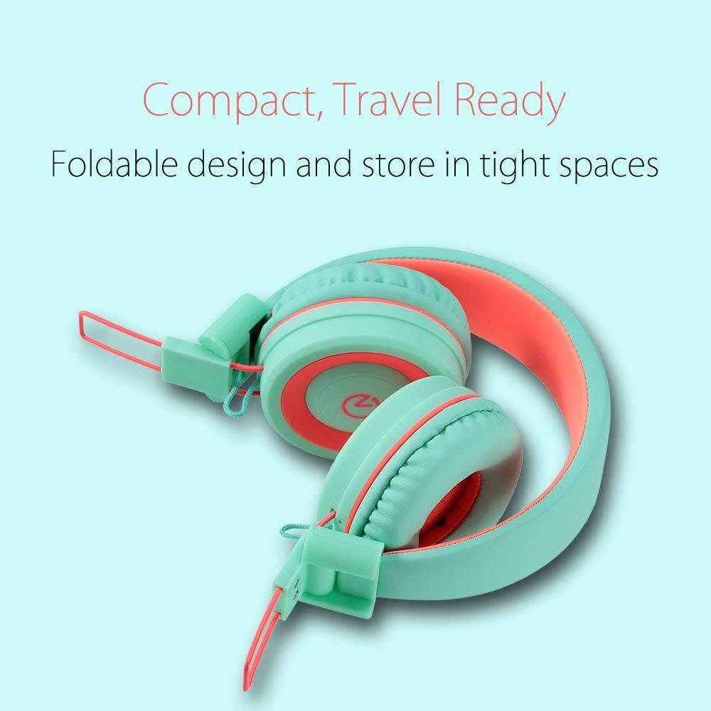 Kids Headphones - noot products K11 Foldable Stereo Tangle-Free 3.5mm Jack Wired Cord On-Ear Headset Children/Teen/Boys/Girls/Smartphones/School/Kindle/Airplane/Plane/Tablet - Mint/Coral