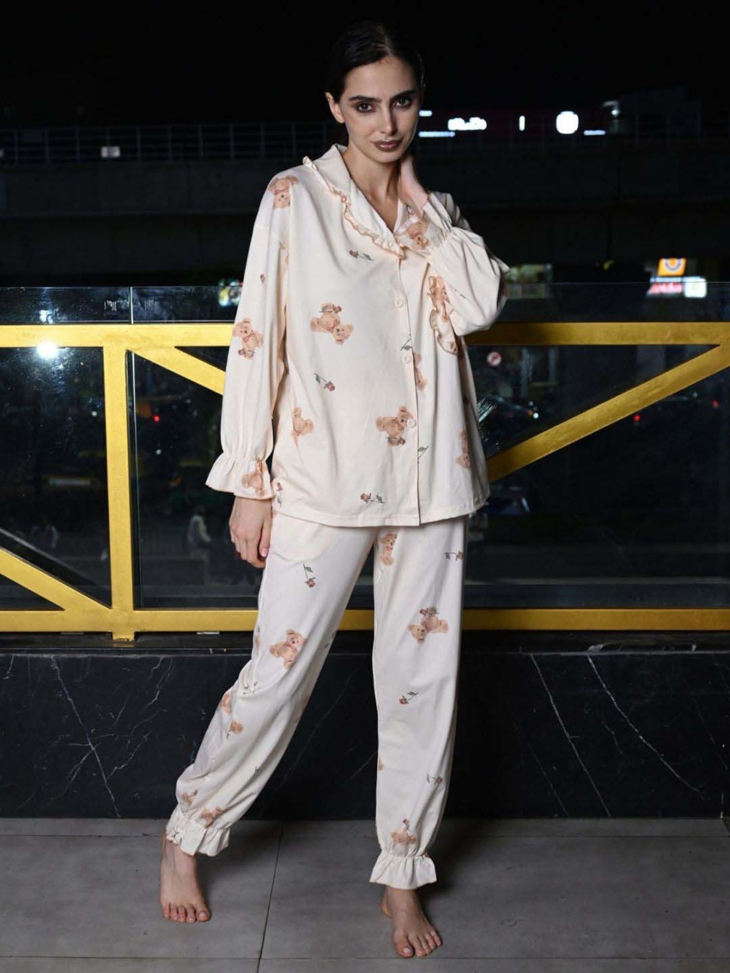 Odette Peach Cotton Printed Shirt Pyjama Set