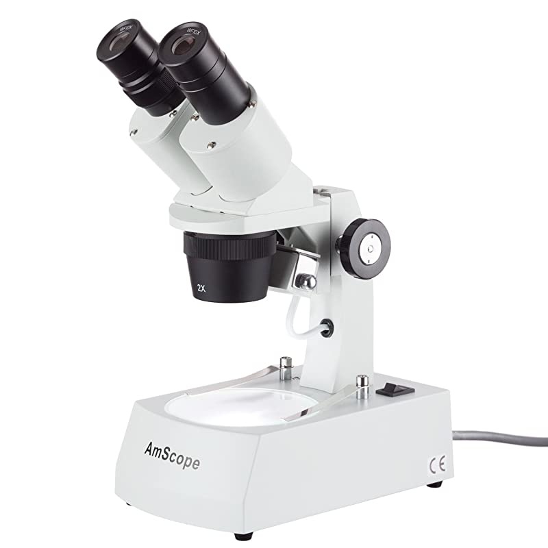 SE306RAZ ForwardMounted Binocular Stereo Microscope WF10x and WF20x Eyepieces 20X40X80X Magnification 2X and 4X Objectives Upper and Lower Halogen Lighting Reversible BlackWhite Stage Plate Arm Stand