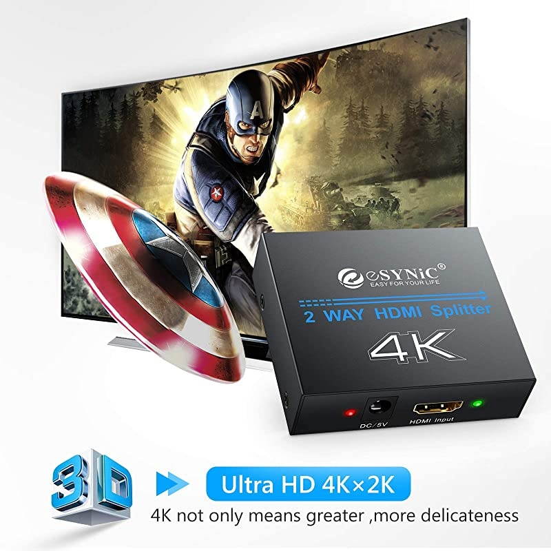 1x2 HDMI Splitter, 4K HDMI Splitter 1 in 2 Out HDMI Amplifier Adapter Aluminum Ver 1.4 HDCP with Power Adapter Supports 3D 4K@30HZ Full HD1080P for PC PS3 PS4 Blu-ray Player HDTV