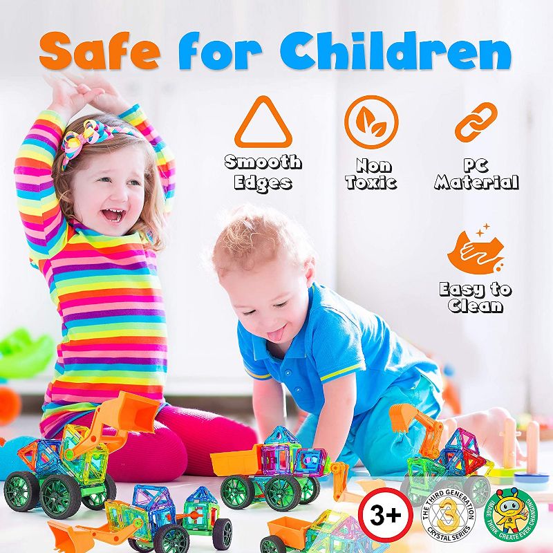 Hurtle Kids Childrens Deluxe 70 Piece Educational STEM Engineering Magnetic Building Block Set with 2 Big Wheels, Car Body, and Bulldozer Arm, Multi