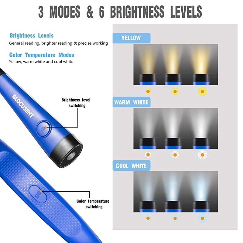 LED Neck Reading Light Book Light for Reading in Bed 3 Colors 6 Brightness Levels Bendable Arms Rechargeable Long Lasting Blue Perfect for Reading Knitting Camping Repairing