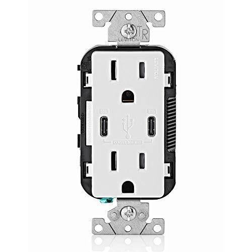 leviton t5635w usb dual typec with power delivery pd inwall charger with 15 amp, 125 volt tamperresistant outlet, white