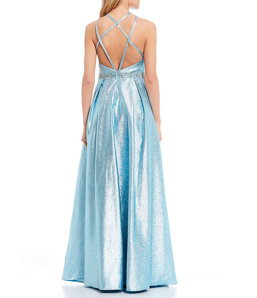 Coya Collection Strappy Back V-Neck High Side Slit Beaded Waist Shine Ball Gown
