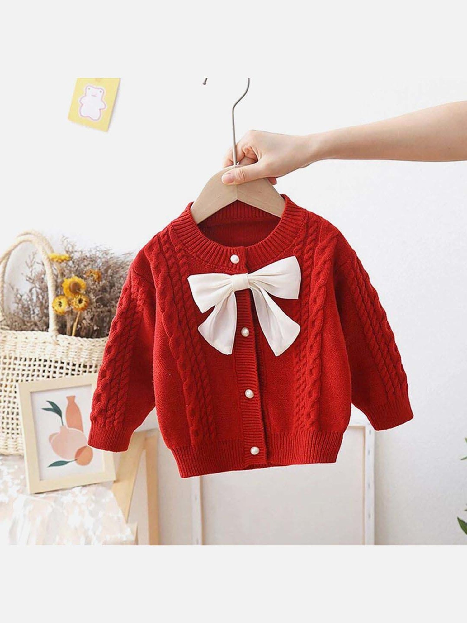 Little Surprise Box Red Textured Pattern Full Sleeves Cardigan