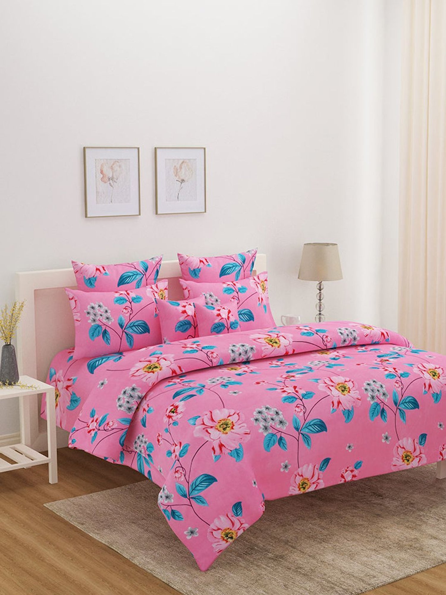 @home Utopia Bloom Floral Pink 110 GSM Cotton Blend Double Bed Sheet with 2 Pillow Covers
