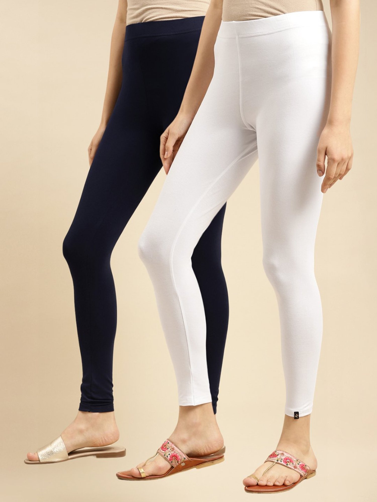 Rangita White & Navy Cotton Leggings - Pack of 2