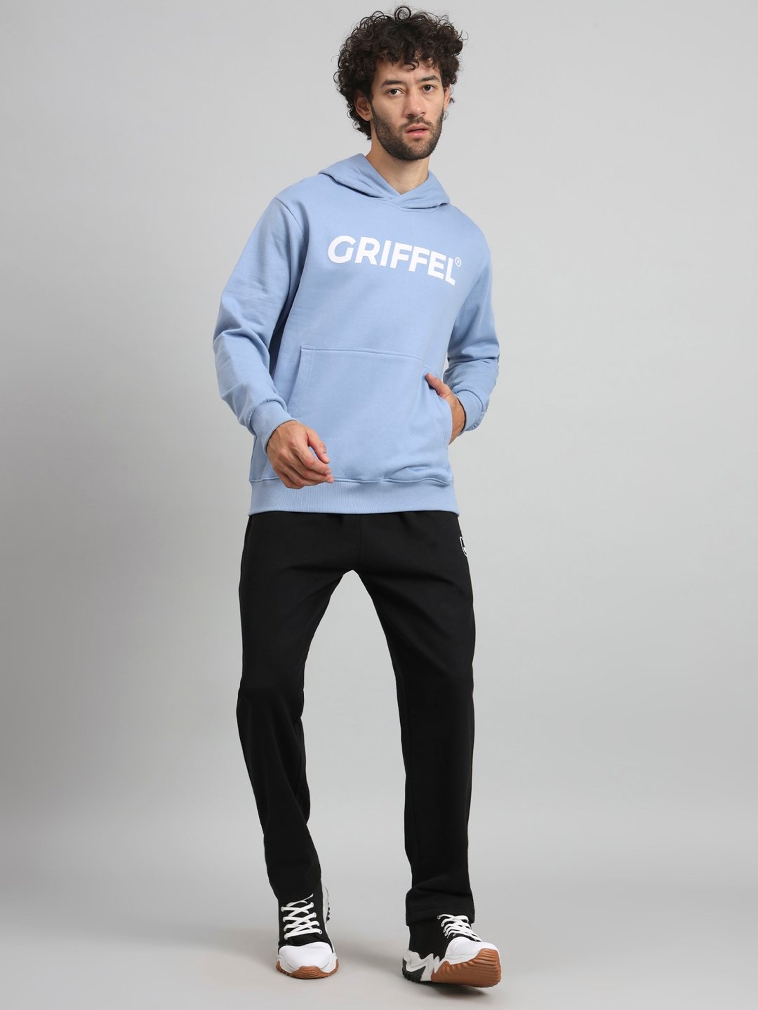GRIFFEL Sky Blue & Black Regular Fit Logo Print Hooded Sweatshirt & Trackpants Set
