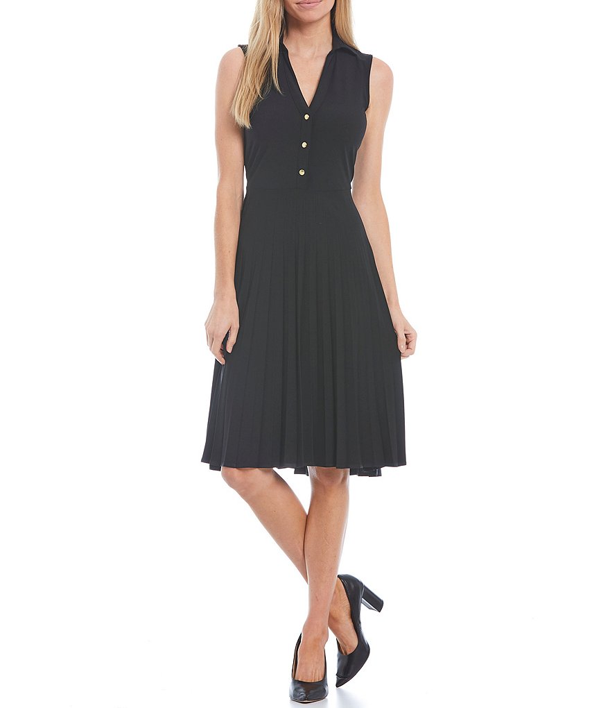 Marina Sleeveless V-Neck Button Front Pleated Midi Dress