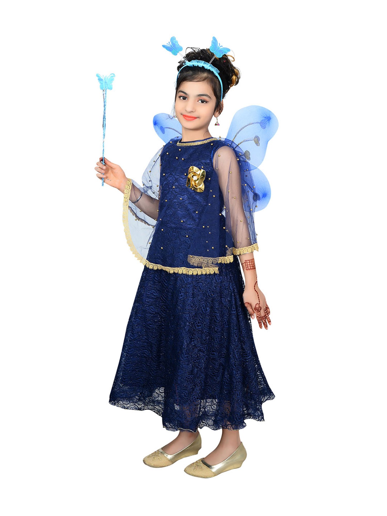 Ahhaaaa Kids Navy Embellished Dress, Wings, Hair Band with Fairy Stick