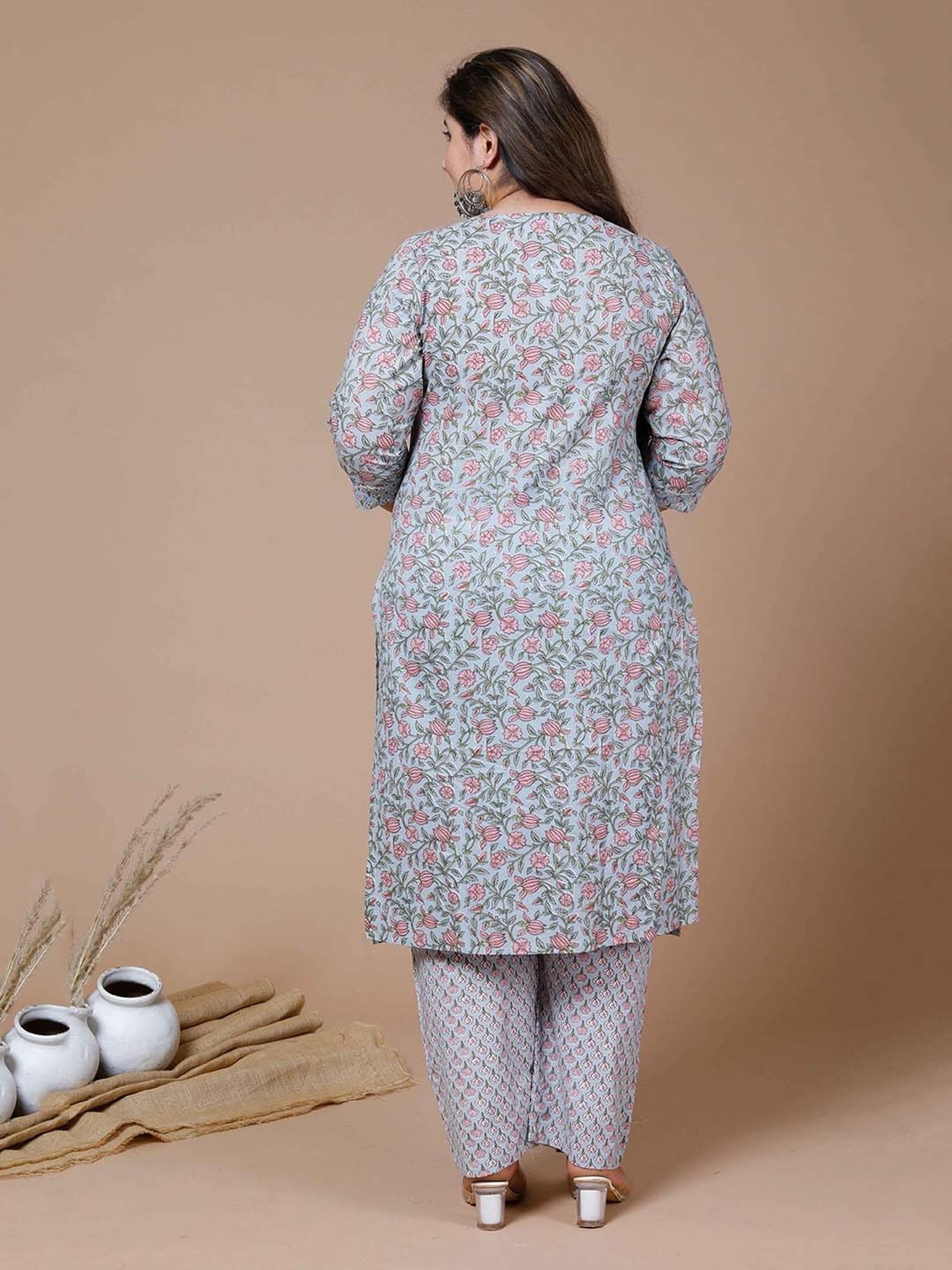 Miravan Blue Floral Print Plus Size Kurta & Palazzo Set