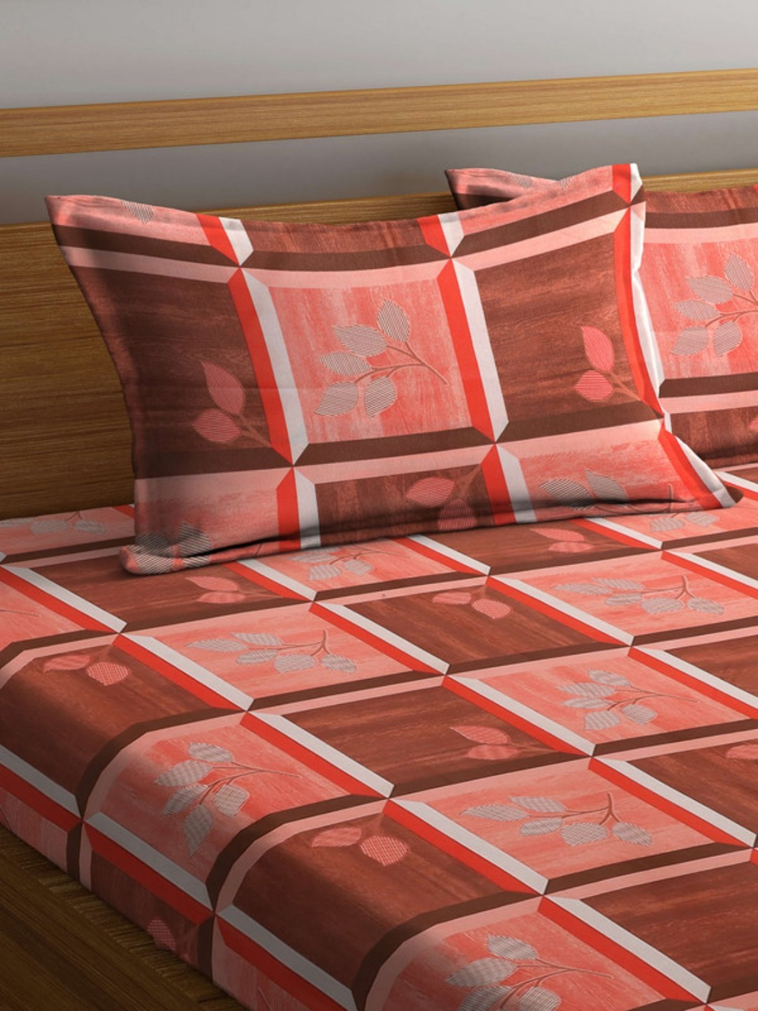 Dhrohar Printed Brown & Peach Cotton 180 TC Double Bedsheet with 2 Pillow covers