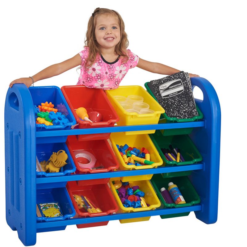 ECR4Kids 3-Tier Toy Storage Organizer for Kids, Blue with 12 Assorted Color Bins