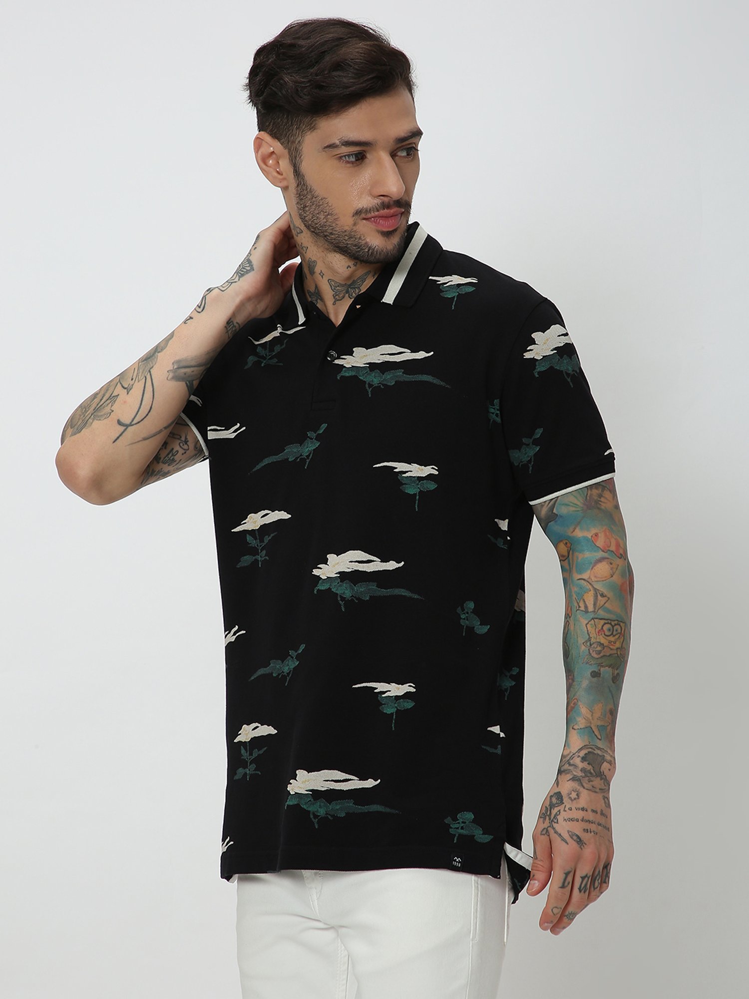 Mufti Black Slim Fit Floral Print Cotton Polo T-Shirt