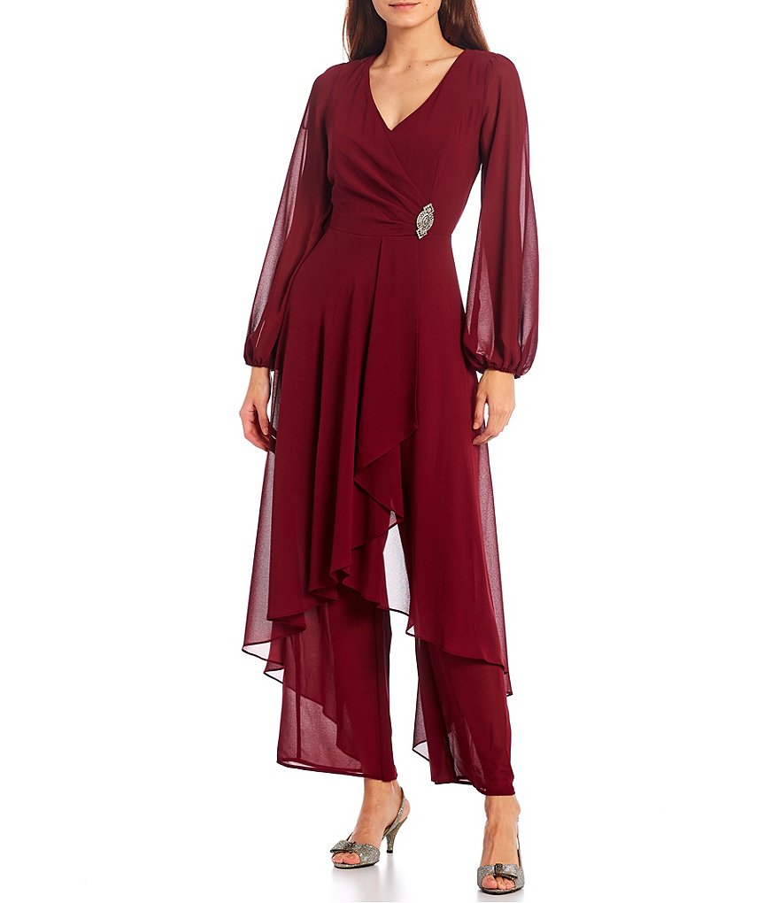 Marina Chiffon Overlay Long Sleeve V-Neck Jumpsuit