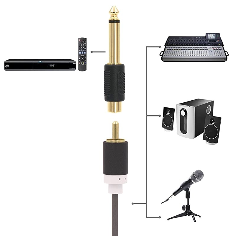 RCA to 1/4" Audio Adapter, 6.35mm Mono Plug Male to RCA Female Connectors 6-Pack